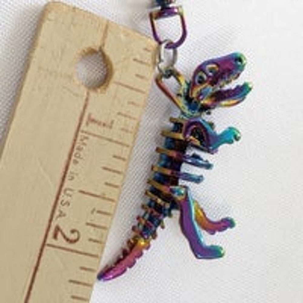 3d colorful oil slick skeleton rexy dinosaur keychain keyring key chain ring - Picture 2 of 2